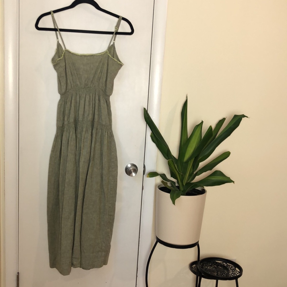 Urban Outfitters Ella Linen Dropped Waist Midi Dress Green Olive Moss - Picture 5 of 9